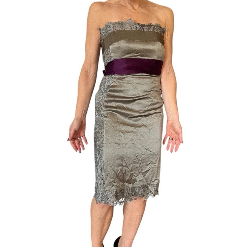 ALBERTA FERRETTI NWT $2K DRESS LACE SILK GRAY STRAPLESS MINI SHEATH SASH 38 2 - Picture 5 of 15
